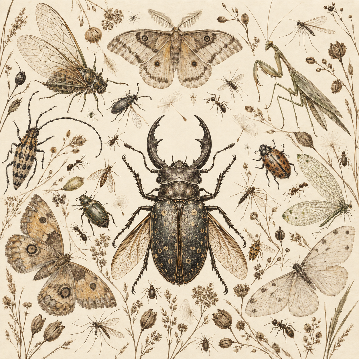 Fine sepia engravings of an enormous stag beetle surrounded by insects and botanical foliage on cream paper